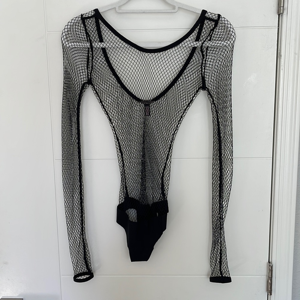 VS long sleeve black fishnet thong bodysuit- XS-1999